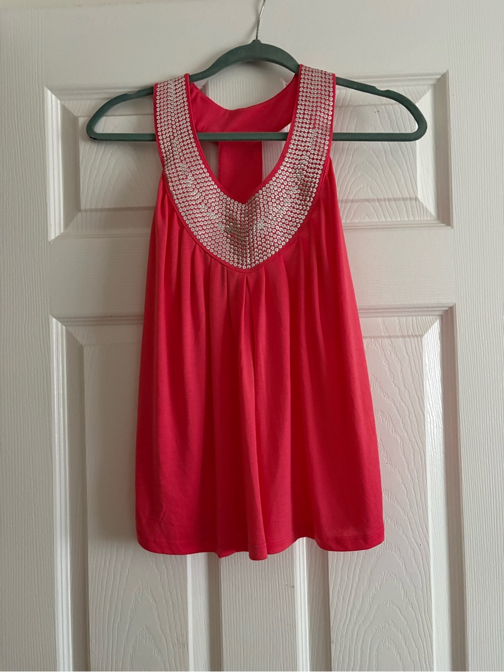 Rain Sleeveless Tank Top with Racerback And Embellished Neckline — Coral